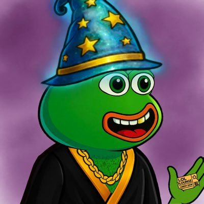 XRPLOL wizard LOLcal with a star-covered blue hat, gold chain and purple background